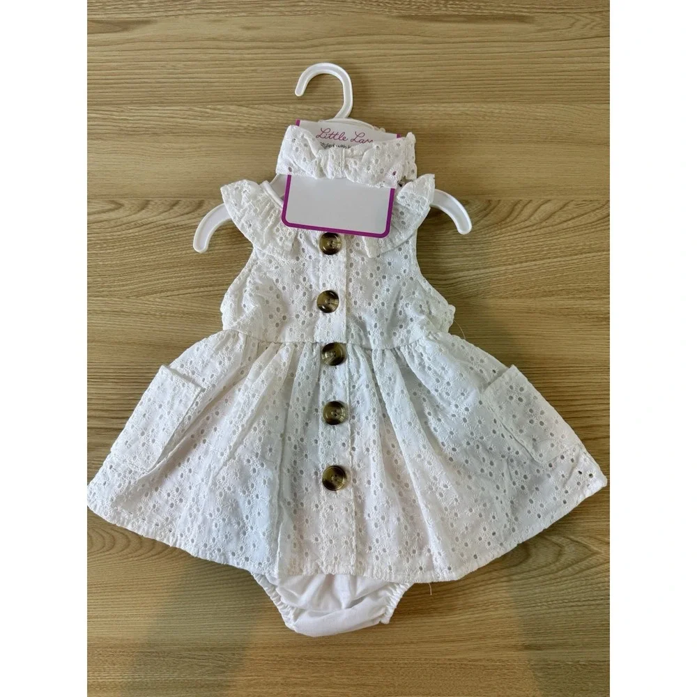 NWT Little Lass Baby Girl White Eyelet Dress Bloomer Headband 0-3M 3PC